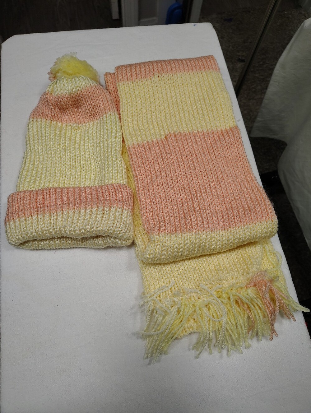 Striped Knit Beanie and Scarf Set - Yellow & Peach